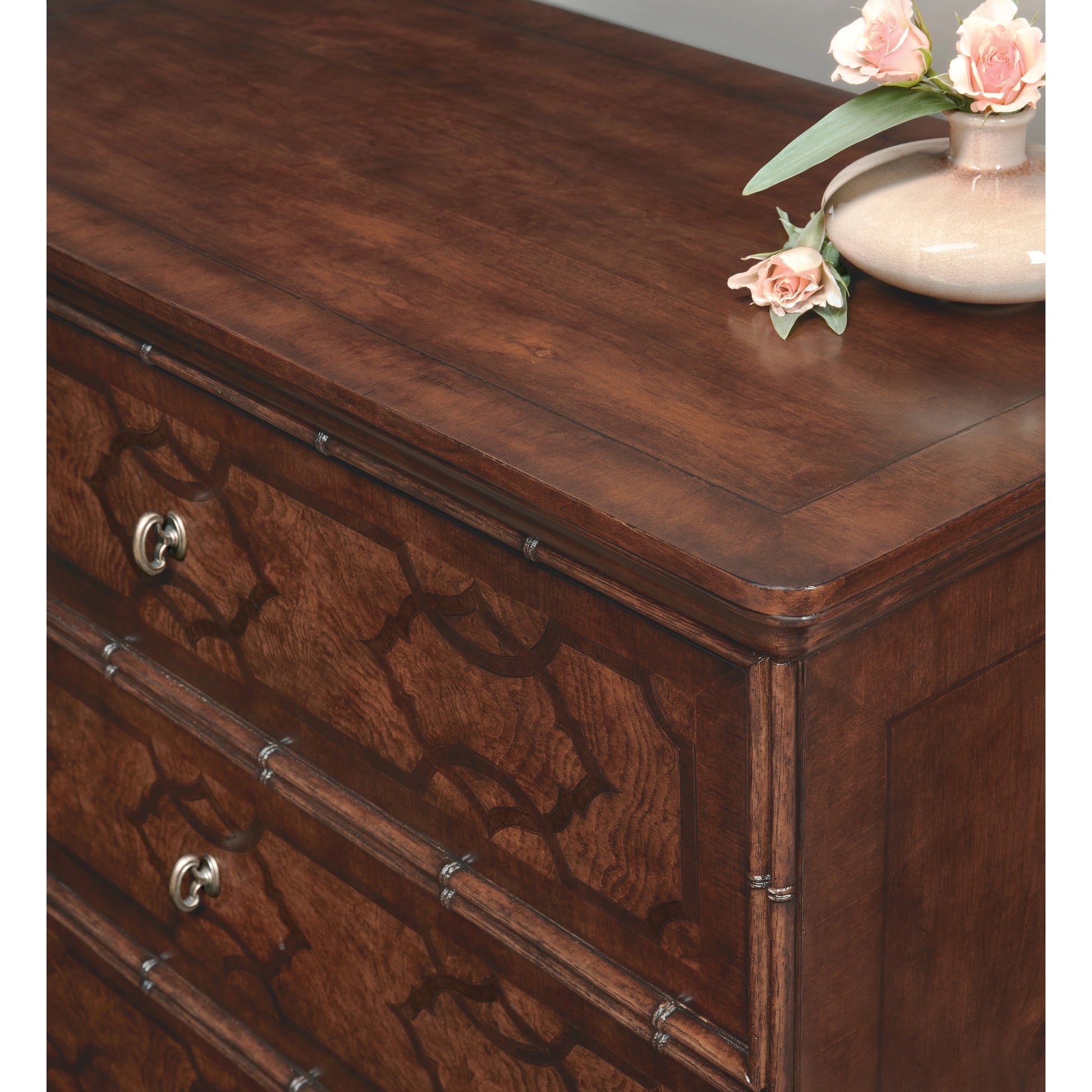 Charleston Inlay Three-Drawer Nightstand by Hooker Furniture in maraschino cherry. Made from cherry, walnut veneers, walnut inlay, olive ash burl in a traditional style.