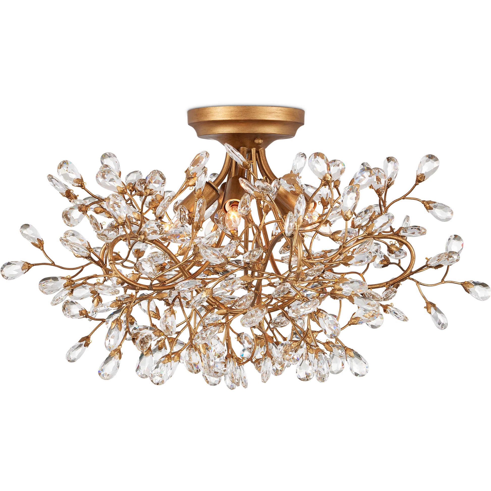 Crystal Bud Semi-Flush Mount by Currey and Company in clear, brass. Made from crystal, wrought iron in a modern style.