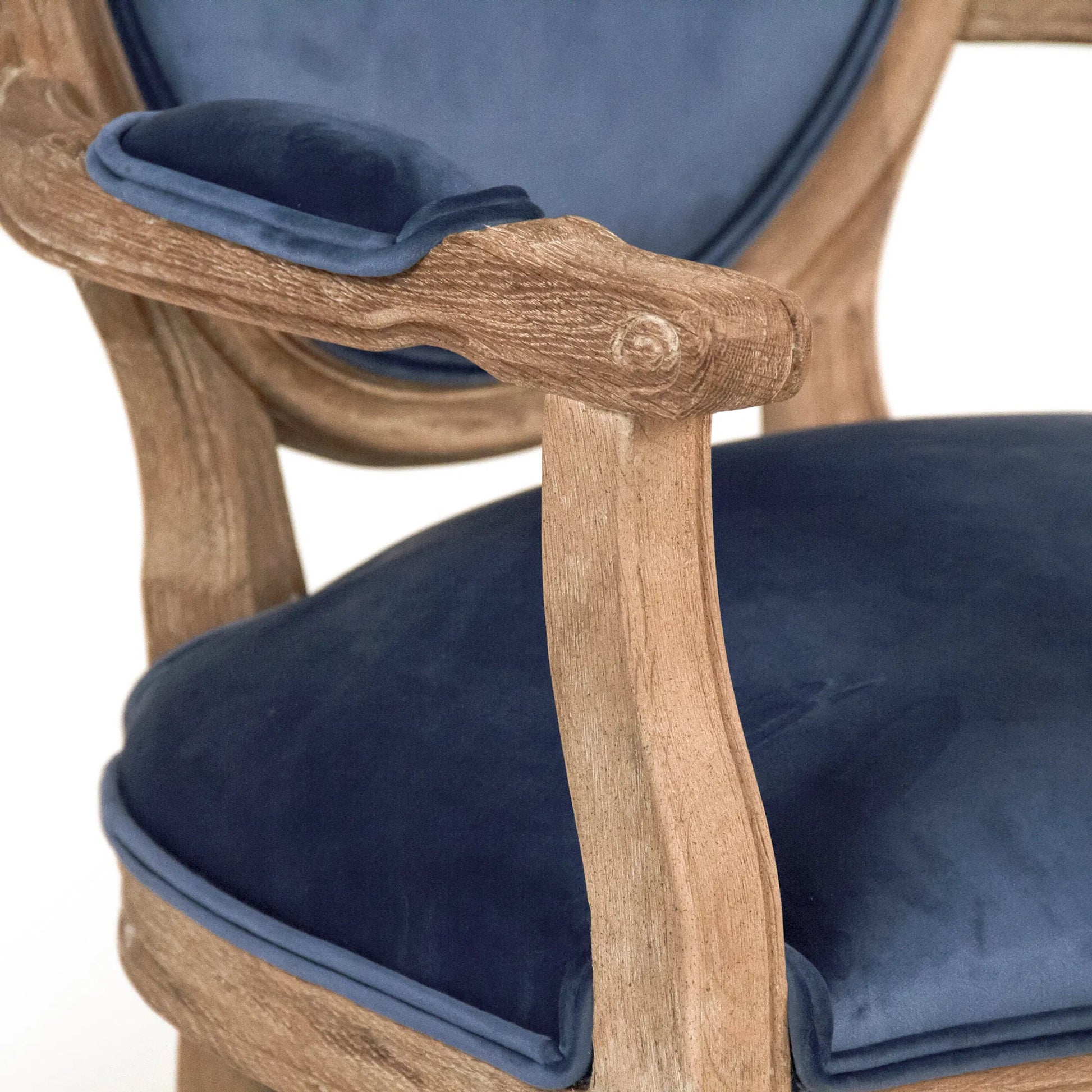 Medallion Velvet Arm Chair by Zentique in limed gray oak. Made from limed grey oak in a traditional style.