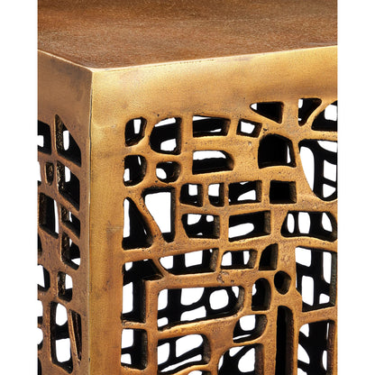 Gowen Accent Table by Currey and Company in antique brass. Made from cast aluminum in a modern style.