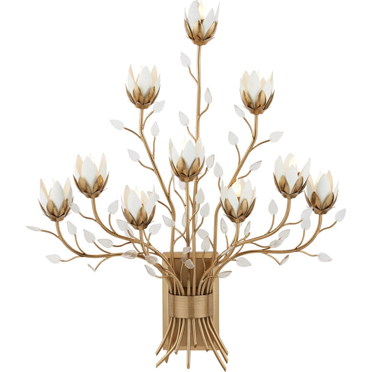 Star Magnolia Wall Sconce by Currey and Company in antique brass, white, clear. Made from metal, brass, glass in a modern style.