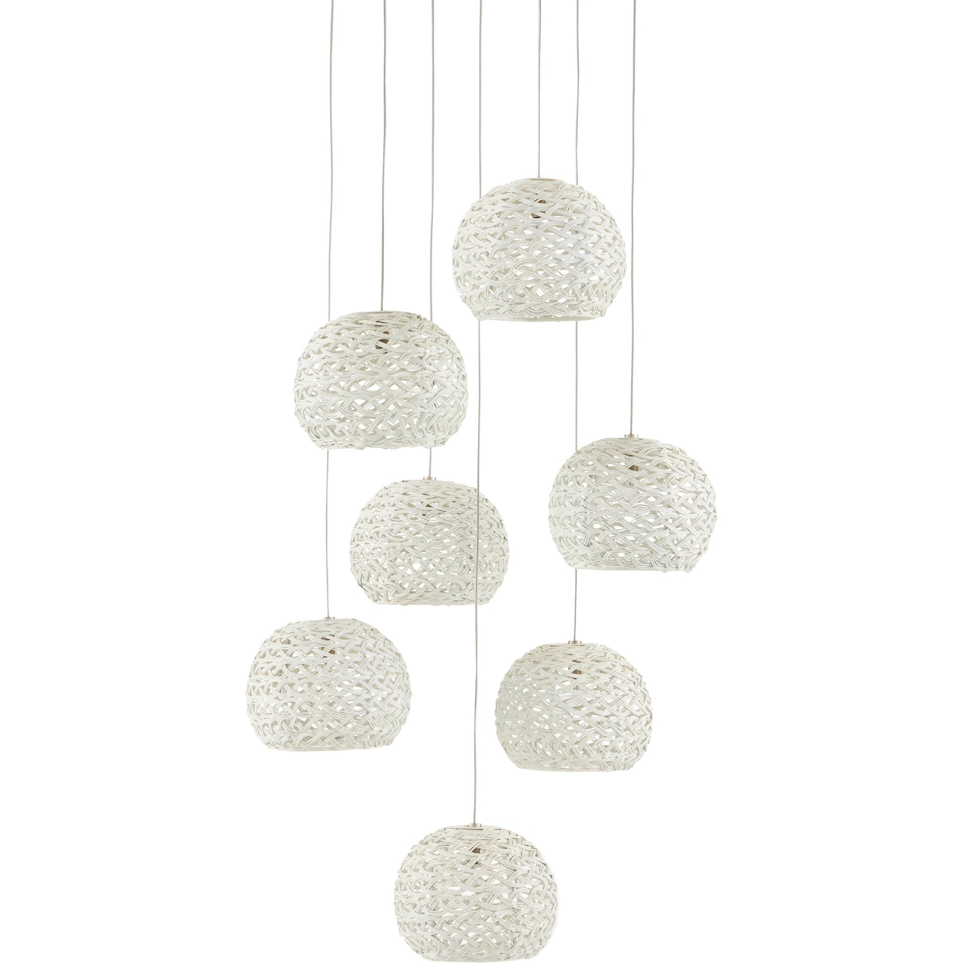 Piero 7-LIGHT Multi-Drop Pendant by Currey and Company in white, painted silver. Made from metal in a coastal style.