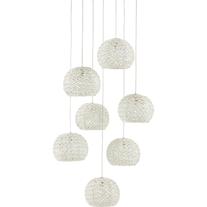 Piero 7-LIGHT Multi-Drop Pendant by Currey and Company in white, painted silver. Made from metal in a coastal style.