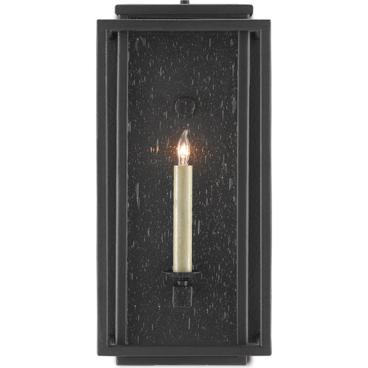 Wright Outdoor Wall Sconce by Currey and Company in midnight. Made from wrought iron, seeded glass in a transitional style.
