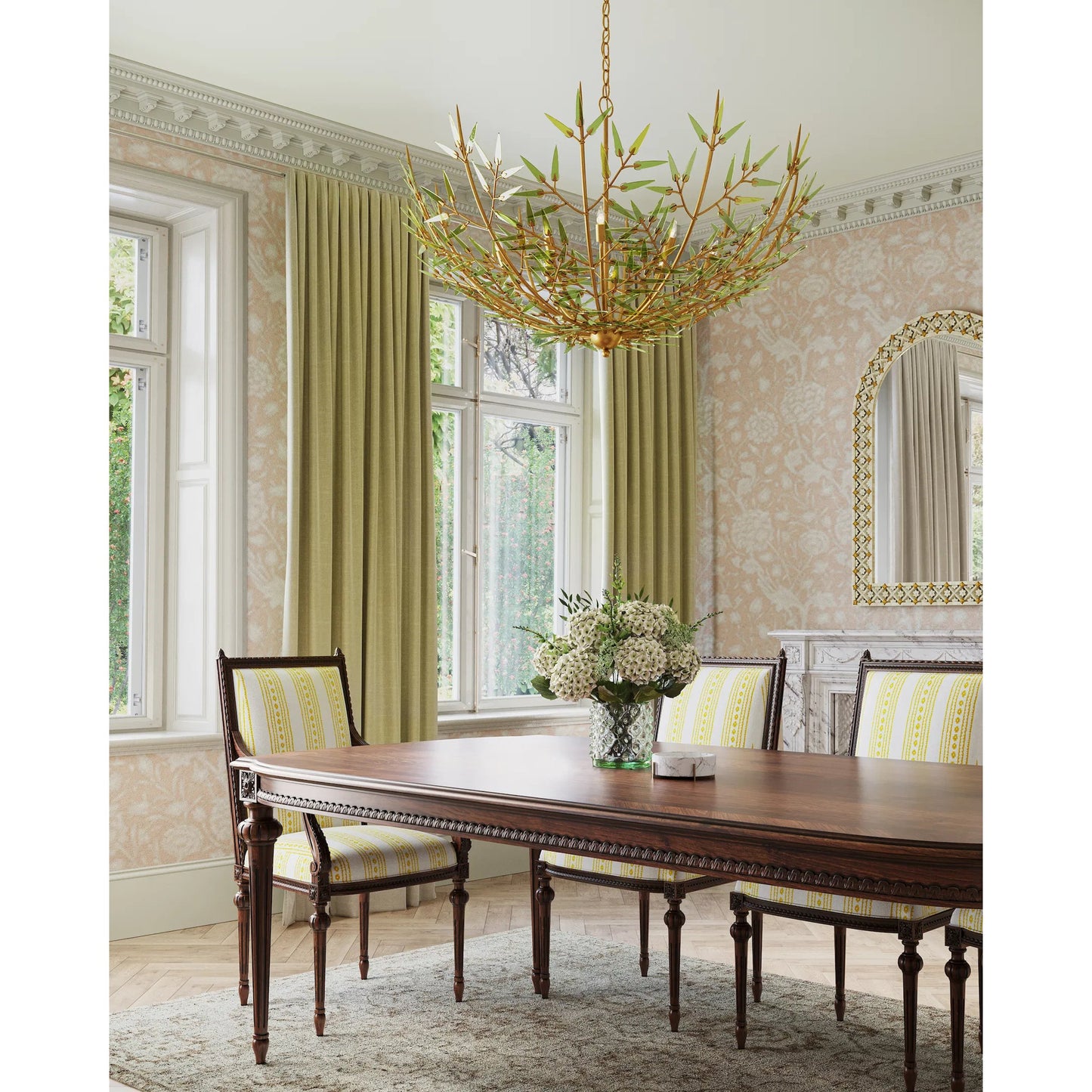 007 SI-2386945 | Lifestyle | Babylon Chandelier by Currey and Company in green, contemporary gold leaf. Made from recycled bottle glass, wrought iron in a modern style.