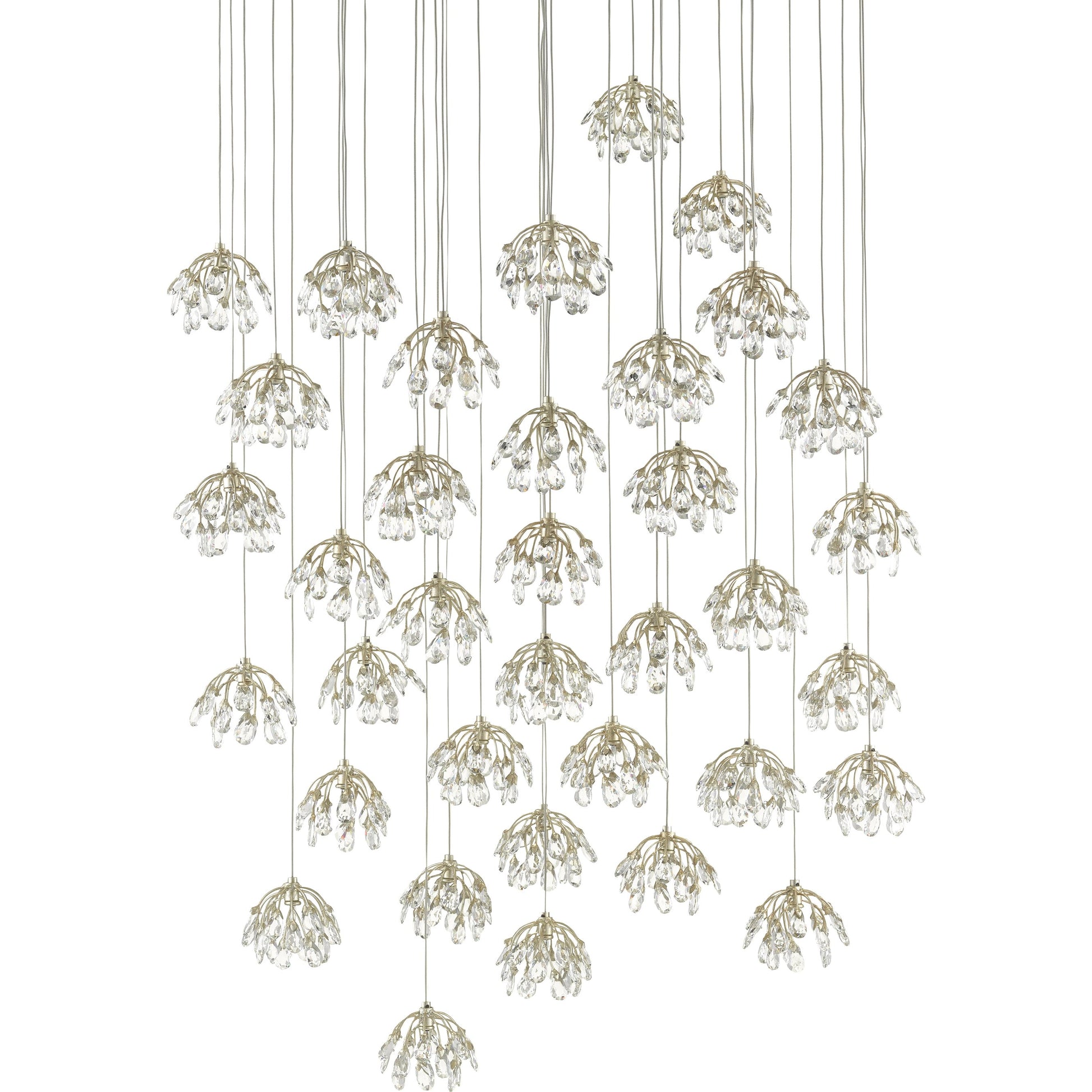 Crystal Bud Pendant by Currey and Company in painted silver, contemporary silver leaf. Made from crystal, wrought iron in a transitional style.
