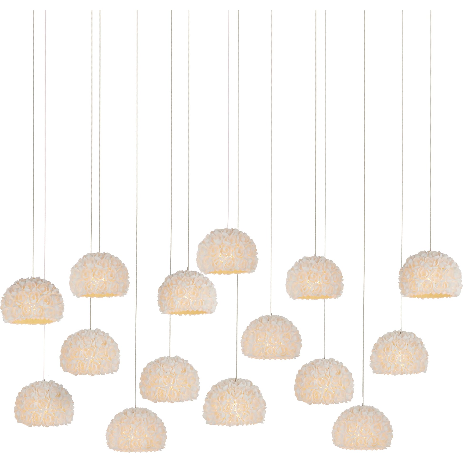 Virtu 15-Light Rectangular Multi-Drop Pendant by Currey and Company in natural, silver. Made from clamrose shell, metal, composite in a modern style.