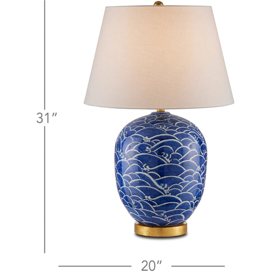 Nami Table Lamp by Currey and Company in blue, white, gold leaf. Made from porcelain, metal in a coastal style.