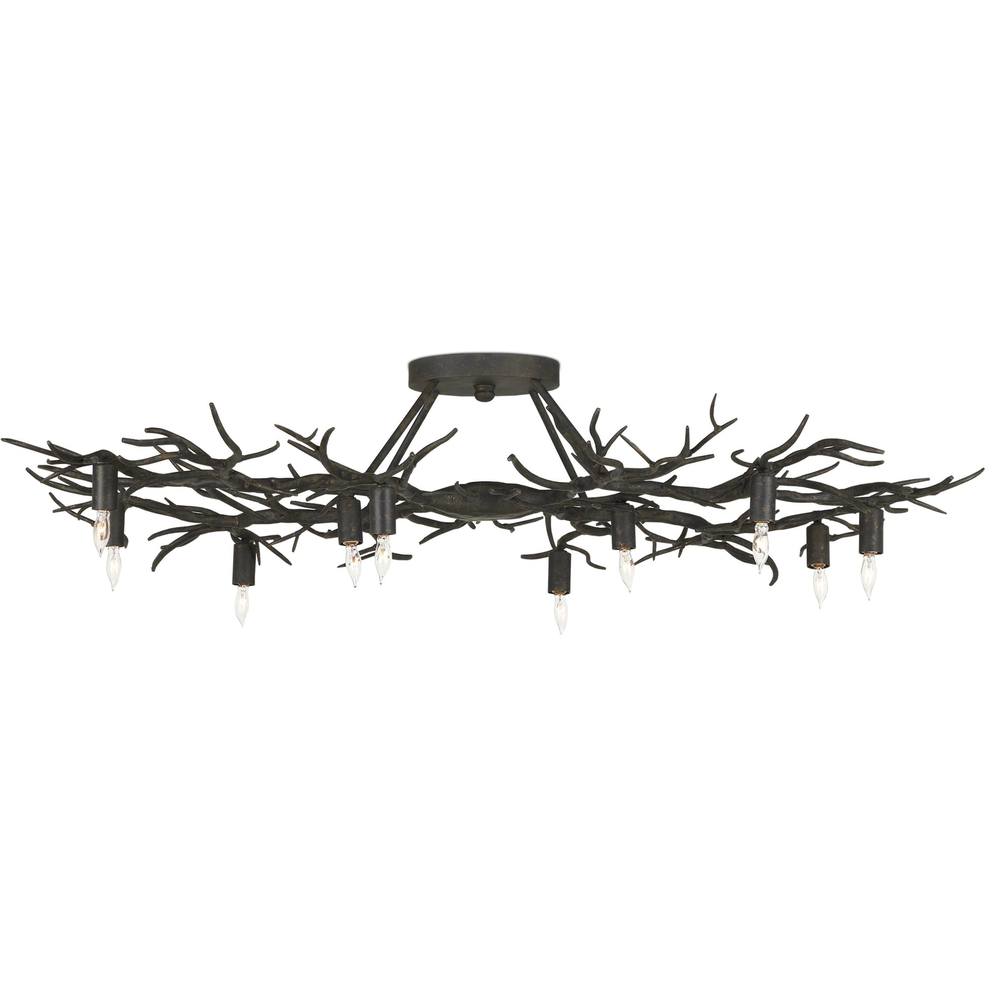 Rainforest Semi-Flush by Currey and Company in rustic bronze. Made from wrought iron in a modern style.
