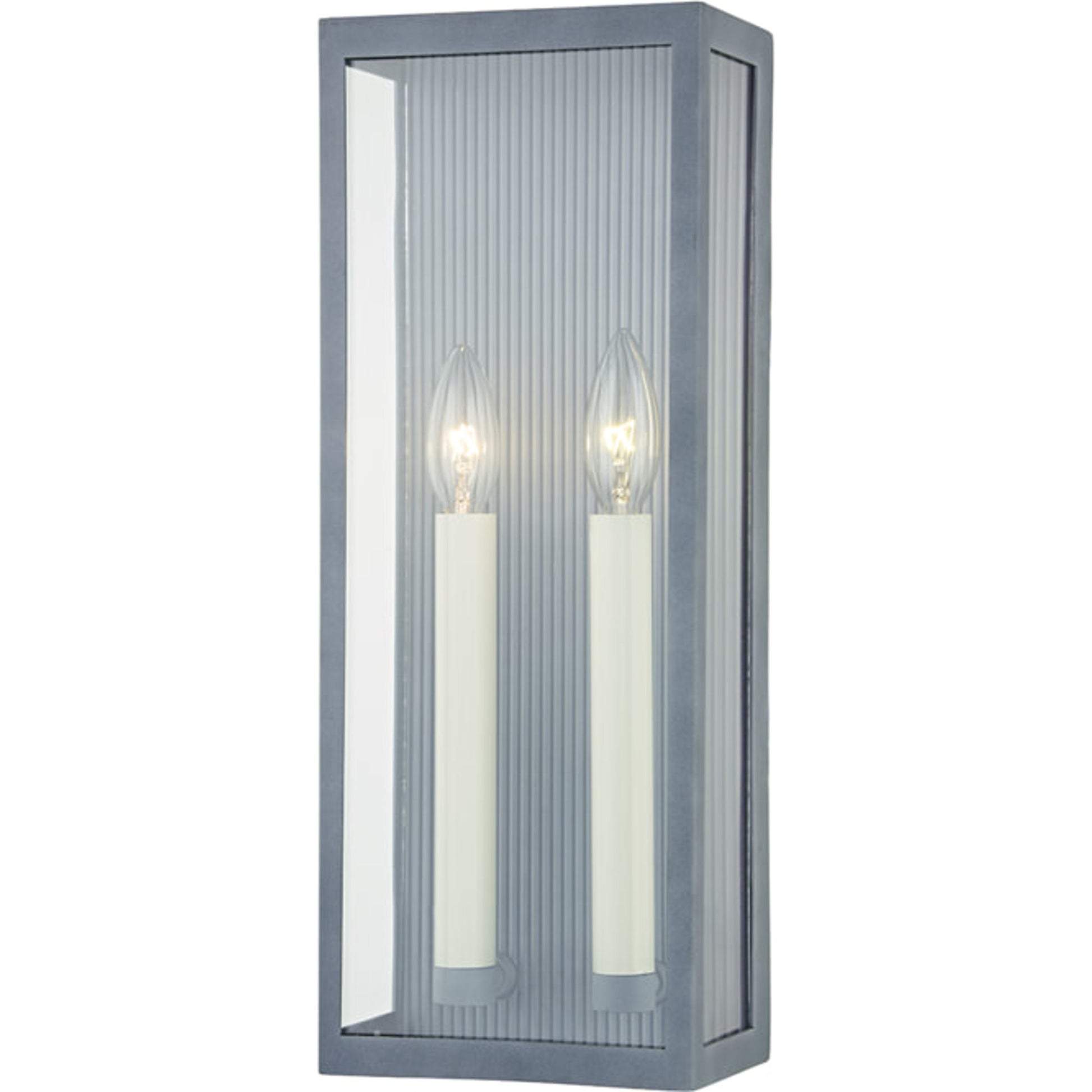 Vail Exterior Wall Sconce by Troy in weathered zinc. Made from aluminum in a transitional style.