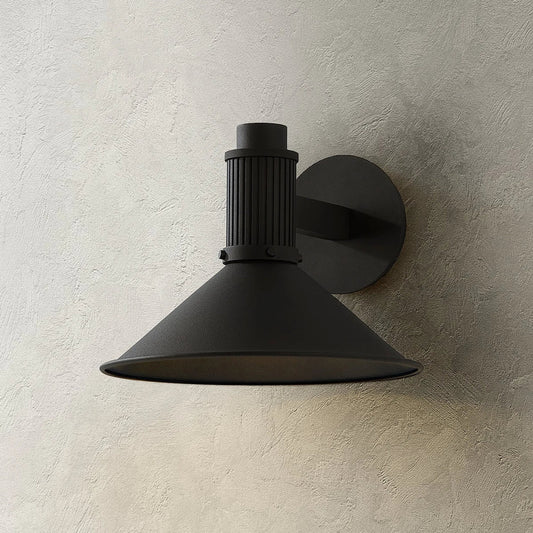 Elani Exterior Wall Sconce by Troy in textured black. Made from aluminum in a unique style.