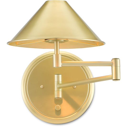 Seton Swing Arm Wall Sconce by Currey and Company in brushed brass. Made from brass in a modern style.