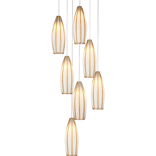 Parish 7-Light Round Multi-Drop Pendant by Currey and Company in white, antique brass, silver. Made from glass, metal in a modern style.