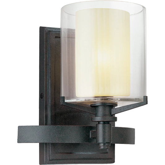 Arcadia Bath Sconce by Troy in french iron. Made from hand worked iron in a modern style.