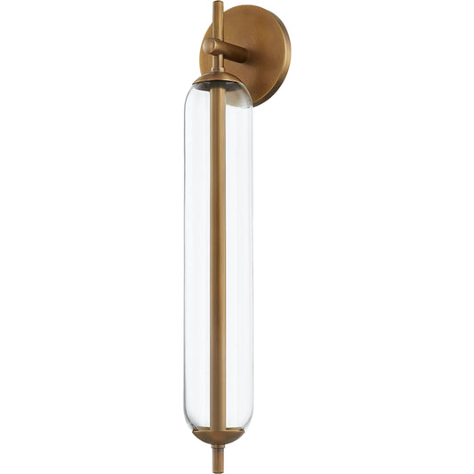 Blaze Exterior Wall Sconce by Troy in patina brass. Made from brass in a unique style.