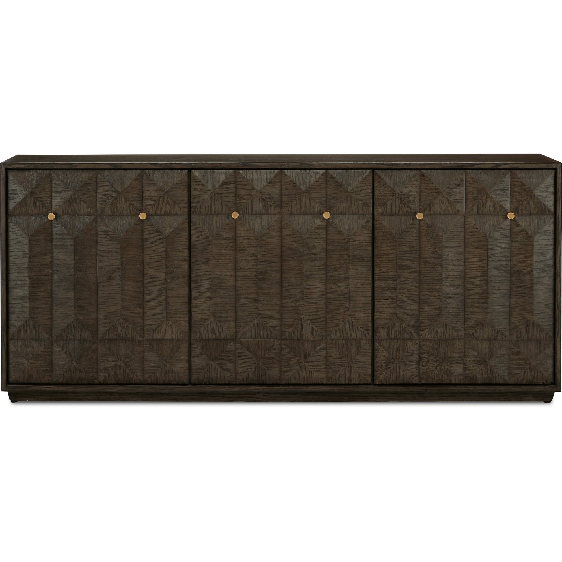 Kendall Credenza by Currey and Company in dove gray, polished brass. Made from oak solids, veneers, brass in a transitional style.