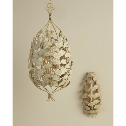 Maidenhair Cream Chandelier by Currey and Company in antique pearl. Made from wrought iron in a modern style.
