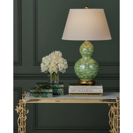 Eau de Nil Table Lamp by Currey and Company in green, textured antique gold leaf. Made from porcelain, engineered wood, metal in a unique style.