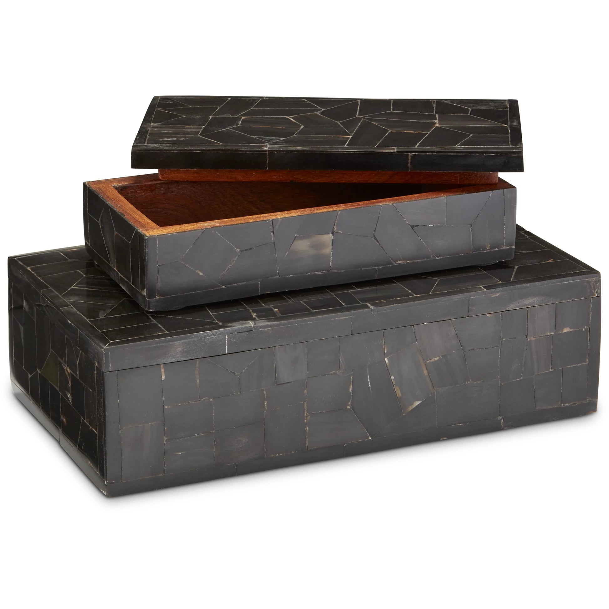 Bone Mosaic Box Set by Currey and Company in black. Made from bone, wood in a traditional style.