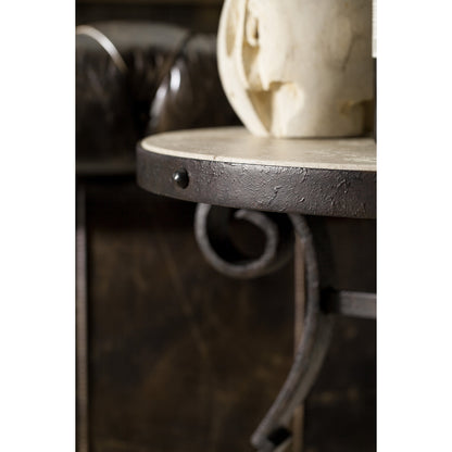 Luckenbach Metal & Stone End Table by Hooker Furniture in black. Made from cast iron, antique travertine in a traditional style.