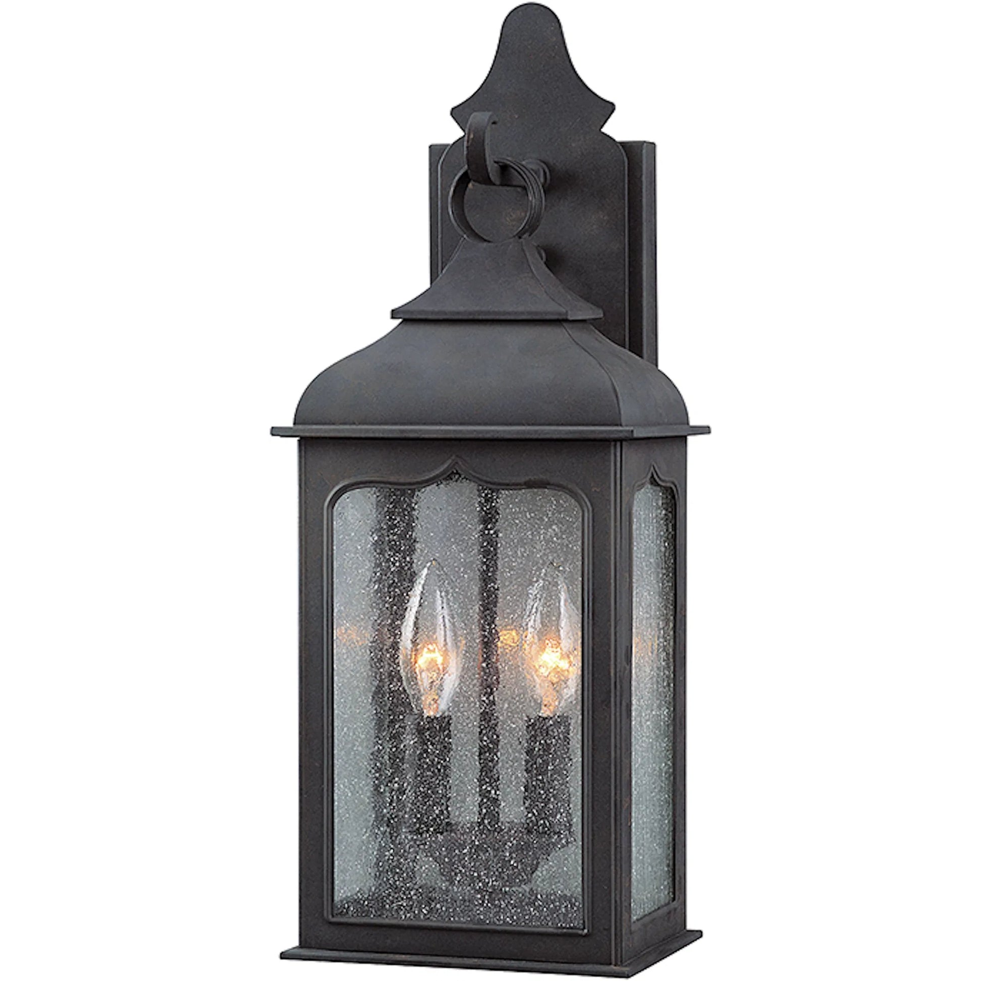 Henry Street Wall Lantern by Troy in colonial iron. Made from hand forged iron in a transitional style.