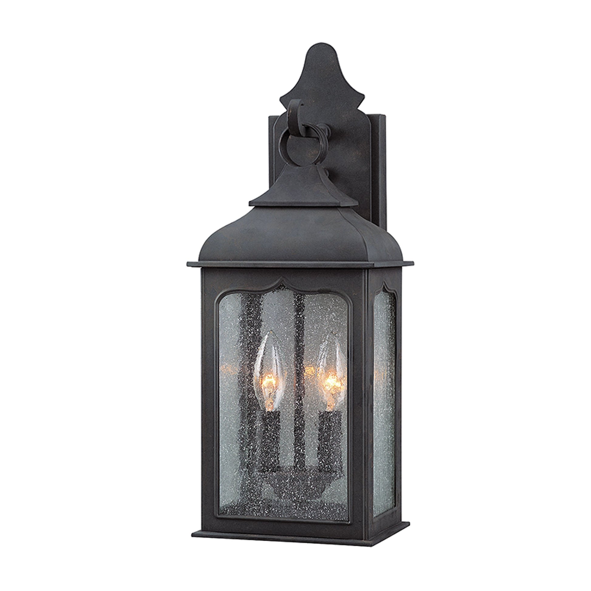 Henry Street Wall Lantern by Troy in colonial iron. Made from hand forged iron in a transitional style.