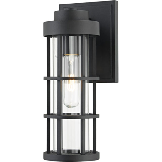 Mesa Exterior Wall Sconce by Troy in textured black. Made from aluminum, stainless steel in a transitional style.