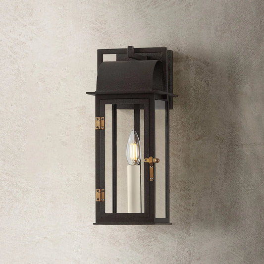 Bohen Exterior Wall Sconce by Troy in french iron, patina brass. Made from aluminum in a unique style.