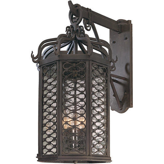 Los Olivos Wall Lantern by Troy in old iron. Made from hand forged iron in a unique style.