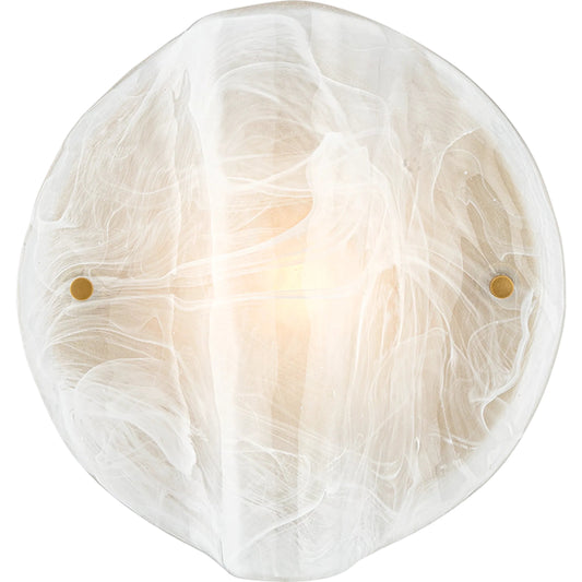 Dale Wall Sconce by Troy in patina brass. Made from white etched glass, glass in a unique style.