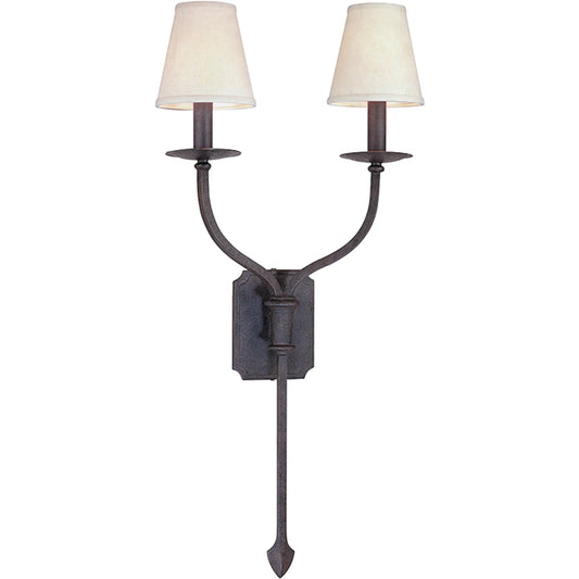 La Brea Double Wall Sconce by Troy in french iron. Made from hand worked iron in a modern style.