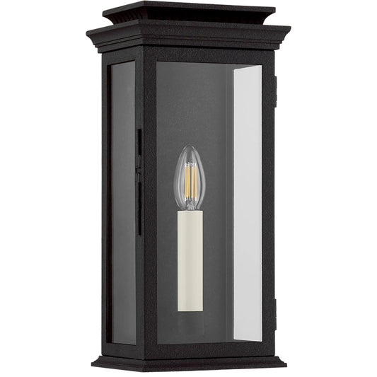 Louie Exterior Wall Sconce by Troy in forged iron. Made from aluminum in a unique style.