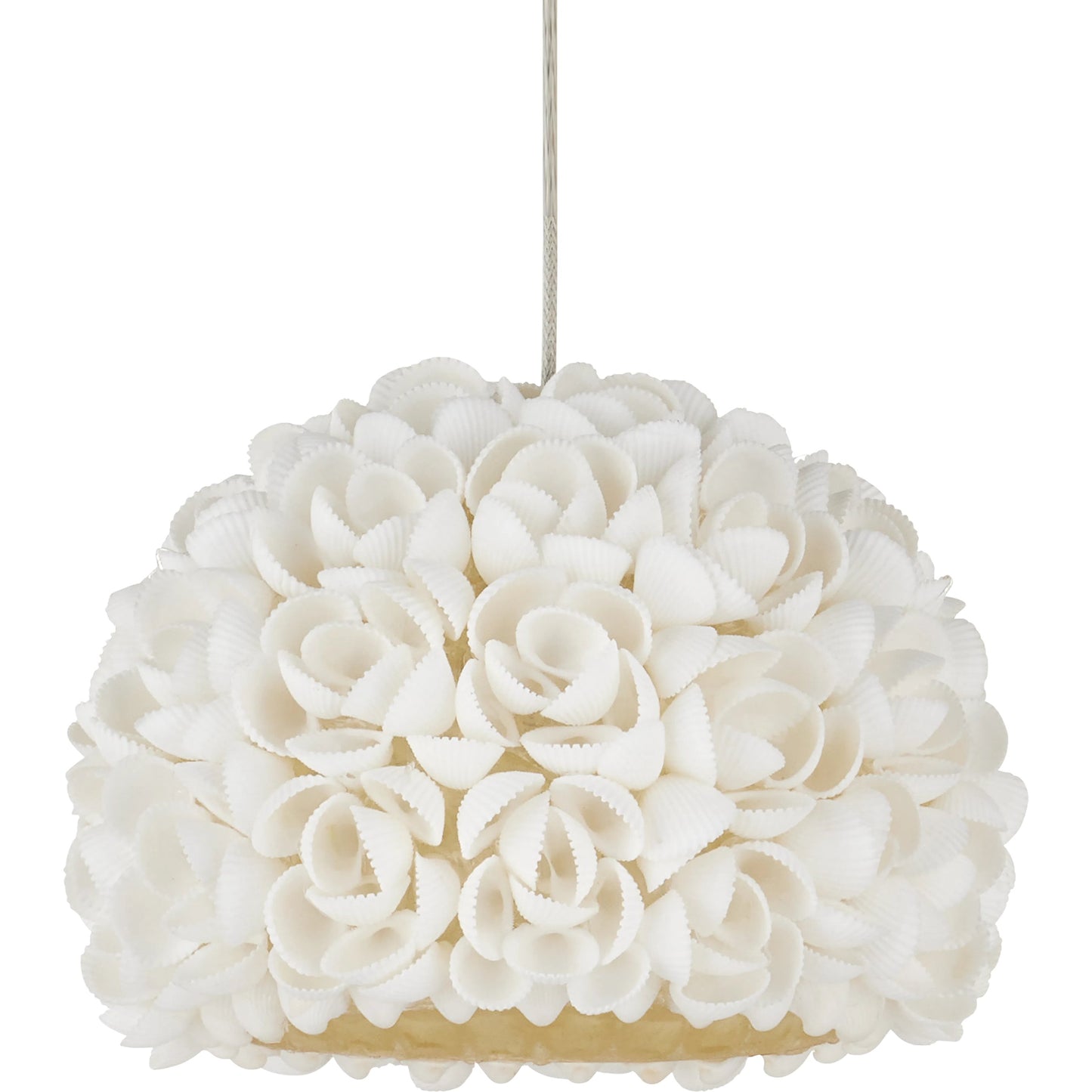 005 SI-2134112 | Closeup | Virtu 15-Light Round Multi-Drop Pendant by Currey and Company in natural, silver. Made from clamrose shell, metal, composite in a modern style.