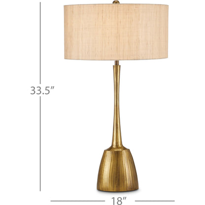 Cheenee Table Lamp by Currey and Company in antique brass. Made from cast aluminum in a modern style.