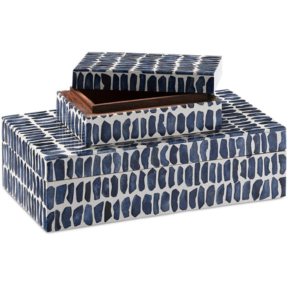 Indigo Box Set by Currey and Company in navy, white, natural. Made from bone, sheesham wood, composite in a coastal style.