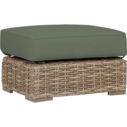 Havana Outdoor Ottoman in Canvas Flax by Sunset West in medium wood. Made from resin wicker in a modern style.