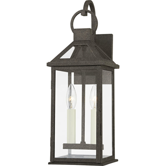 Sanders Exterior Wall Sconce by Troy in french iron. Made from aluminum in a transitional style.