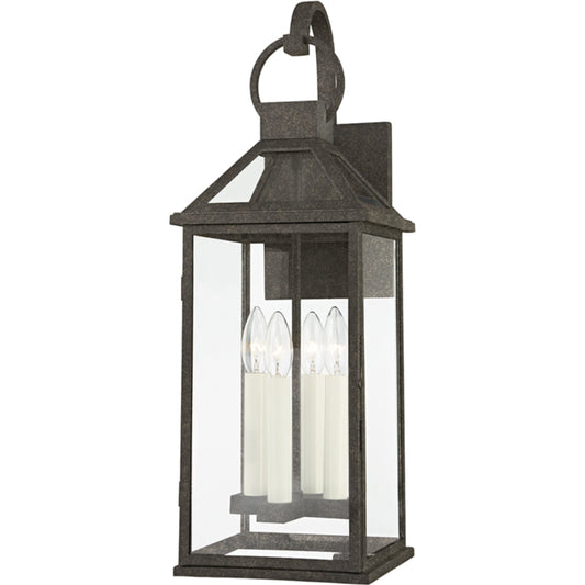 Sanders Exterior Wall Sconce by Troy in french iron. Made from aluminum in a transitional style.