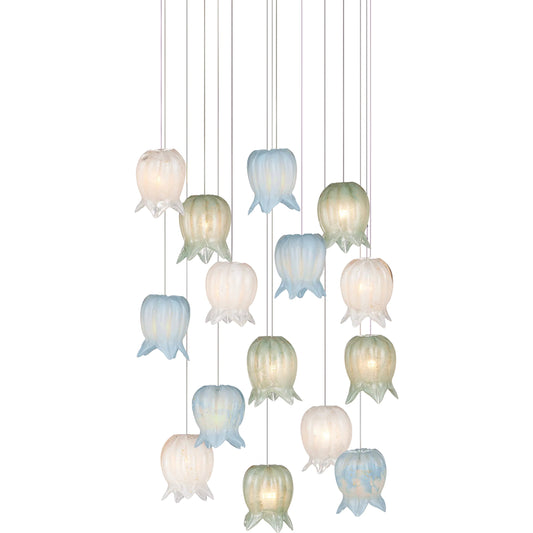 Polpo Misto 15-Light Multi-Drop Pendant by Currey and Company in blue, green, white, silver. Made from art glass, metal in a modern style.