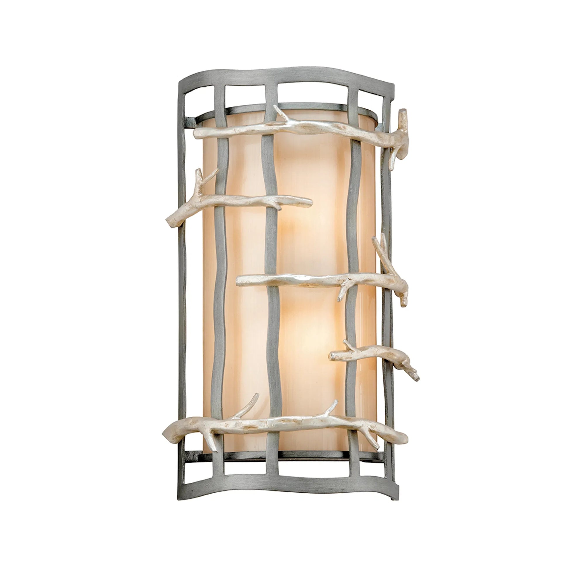 Adirondack Wall Sconce by Troy in graphite, warm silver leaf. Made from hand worked iron in a unique style.