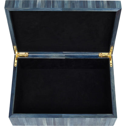 Winter Harvest Box by Currey and Company in blue. Made from straw, suede, engineered wood in a modern style.