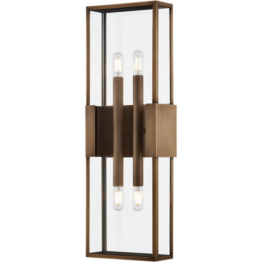 Santa Clara Exterior Wall Sconce by Troy in patina brass. Made from brass in a unique style.