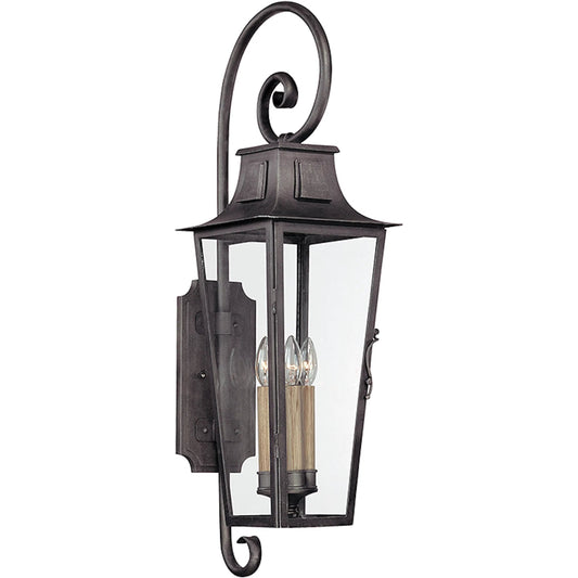 Parisian Square Wall Lantern by Troy in aged pewter. Made from hand forged iron in a traditional style.