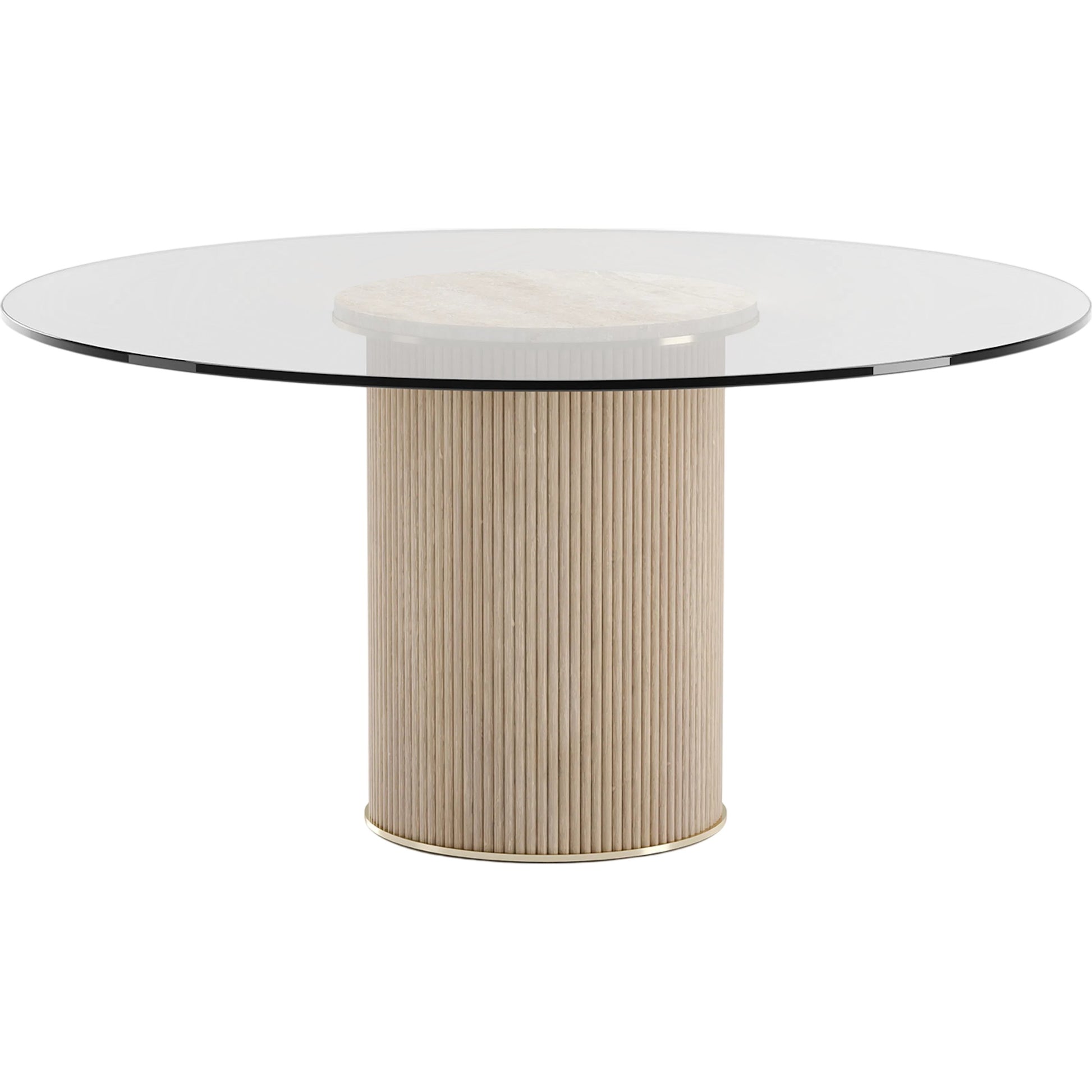 Rhythm Round Glass Top Dining Table by Caracole in oak, bronze and sun drenched oak. Made from oak in a transitional style.