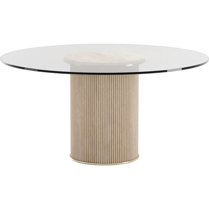 Rhythm Round Glass Top Dining Table by Caracole in oak, bronze and sun drenched oak. Made from oak in a transitional style.