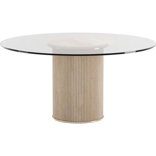 Rhythm Round Glass Top Dining Table by Caracole in oak, bronze and sun drenched oak. Made from oak in a transitional style.