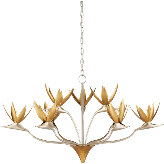 Paradiso Chandelier by Currey and Company in contemporary silver leaf, contemporary gold leaf. Made from wrought iron in a modern style.