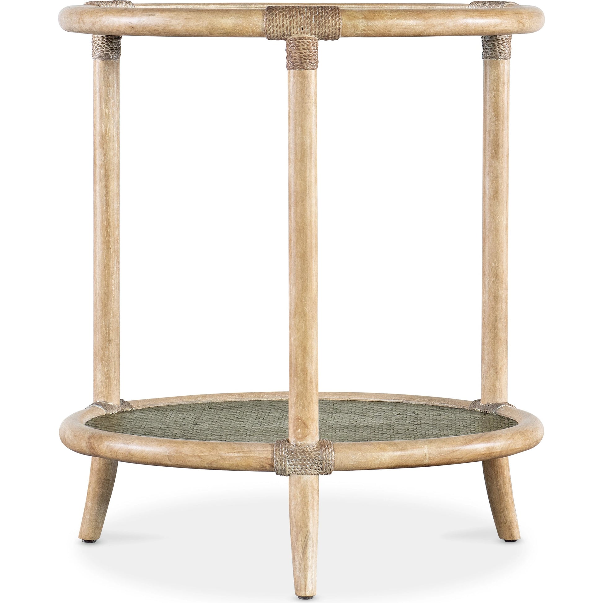 Retreat Raffia End Table by Hooker Furniture. Made from maple veneers, engineered raffia, rope, tempered glass in a cottage & farmhouse style.