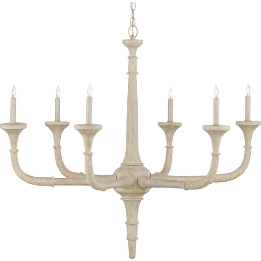 Aleister Chandelier by Currey and Company in sandstone. Made from wood, abaca rope, wrought iron in a modern style.