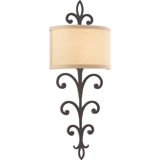 Crawford Wall Sconce by Troy in heritage bronze. Made from hand worked iron in a unique style.